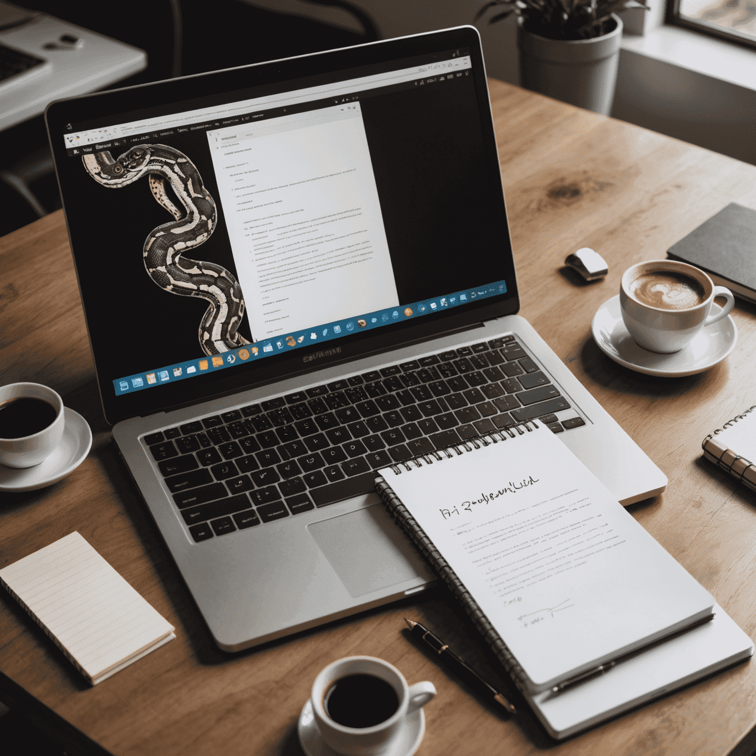 Ein Laptop mit Python-Code auf dem Bildschirm, daneben ein Notizbuch mit handgeschriebenen Notizen und eine Tasse Kaffee