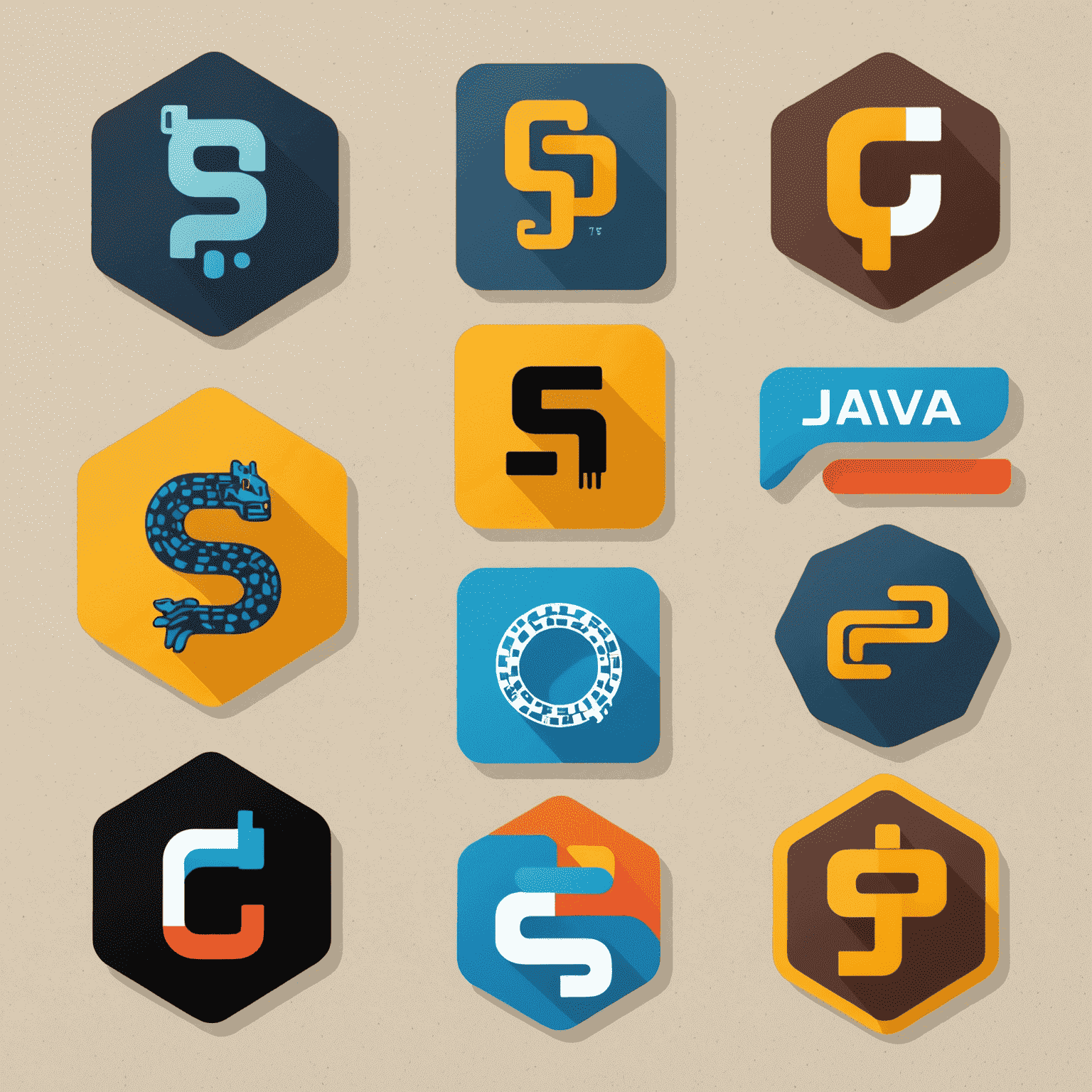 Collage von Programmiersprachen-Logos: Python, JavaScript, Java, C++, und Go