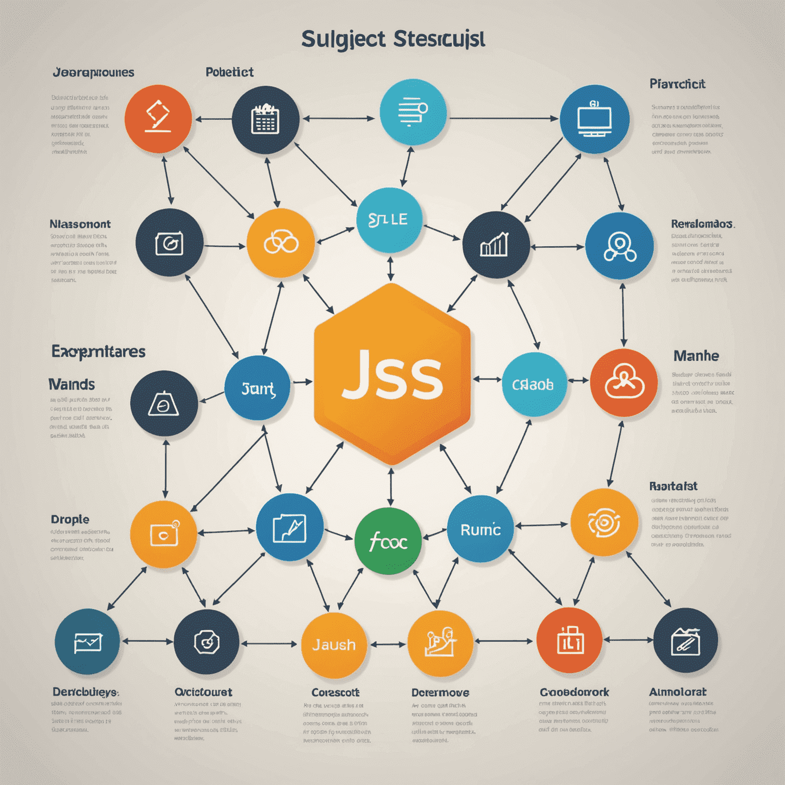 Ein Bild, das verschiedene JavaScript-Konzepte visualisiert, wie Funktionen, Objekte und DOM-Manipulation, in einem übersichtlichen Diagramm.