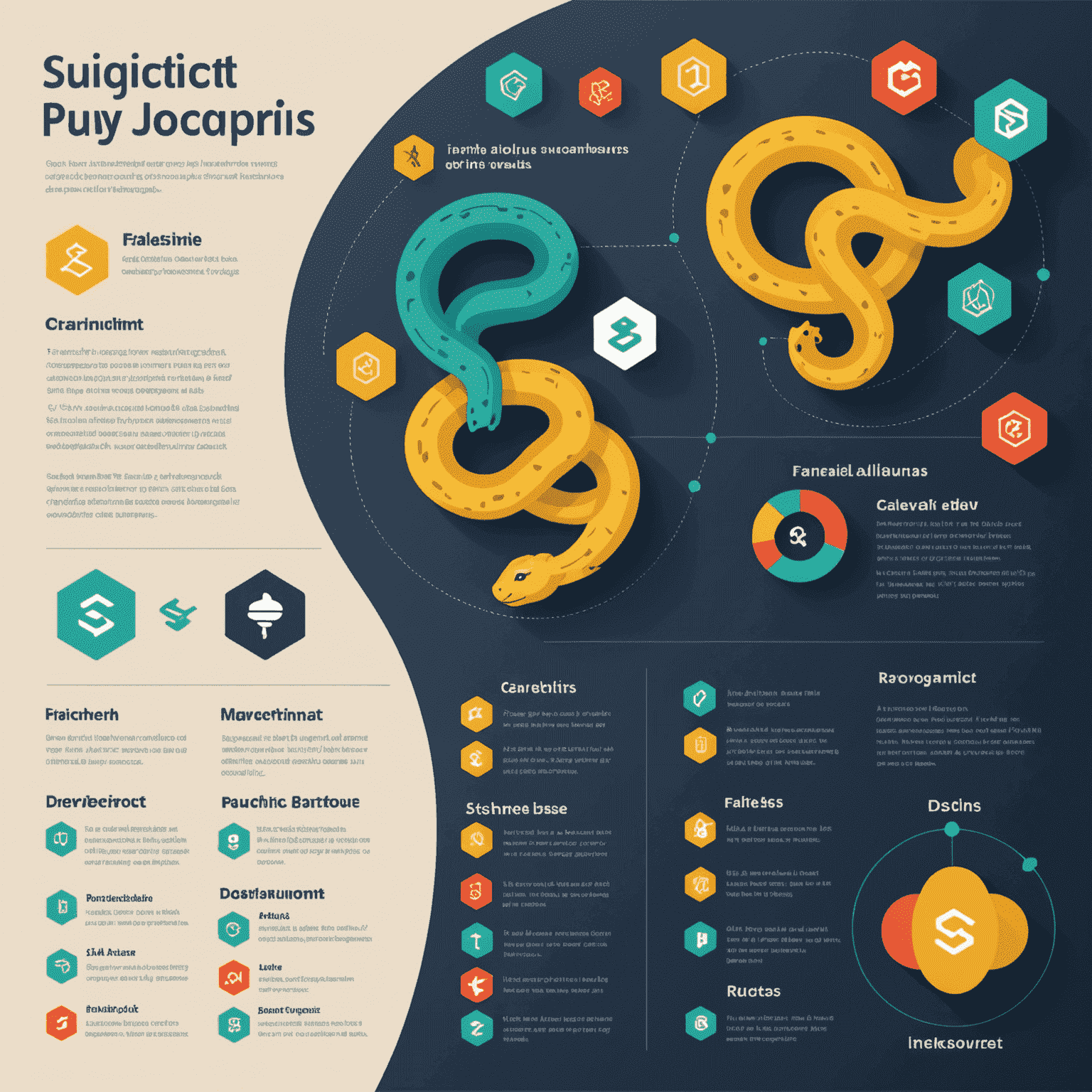 Eine Infografik, die Python und JavaScript gegenüberstellt, mit Symbolen und Diagrammen, die die Stärken und Schwächen beider Sprachen darstellen.